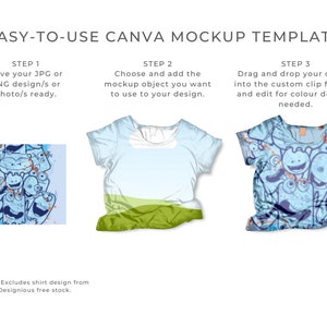 Canva Tshirt 02 Mockup template. Works like Photoshop. Includes 12 mockups. 3 styles and 3 layouts. Features clip frames to drag and drop your designs into. Underlying detail remains visible. Display image showing how to use in 3 easy steps.