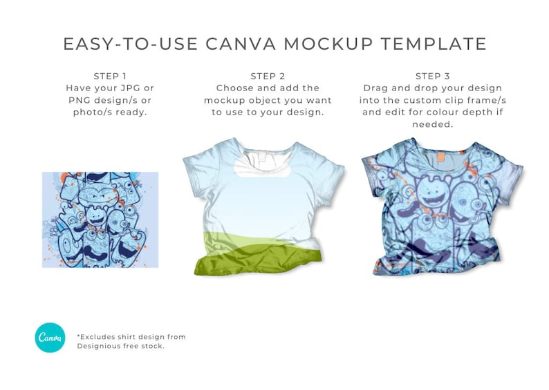 Canva Tshirt 02 Mockup template. Works like Photoshop. Includes 12 mockups. 3 styles and 3 layouts. Features clip frames to drag and drop your designs into. Underlying detail remains visible. Display image showing how to use in 3 easy steps.