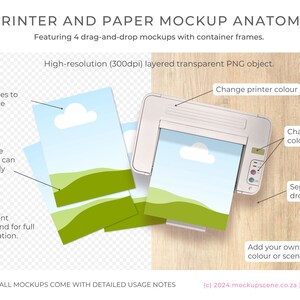 May include: A mockup of a printer with four sheets of paper. The paper features a landscape scene with a blue sky, white clouds, and green hills. The printer is white with a grey top and a black button panel. The background is a light brown wood grain.