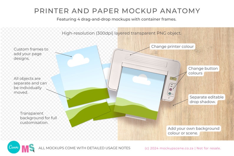 May include: A mockup of a printer with four sheets of paper. The paper features a landscape scene with a blue sky, white clouds, and green hills. The printer is white with a grey top and a black button panel. The background is a light brown wood grain.