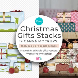 Op de afbeelding: Een verzameling kerstcadeaustapels met verschillende inpakpapierontwerpen, waaronder blauwe, roze en groene patronen. De afbeelding bevat ornamenten, een kerstboom en de tekst "Christmas Gifts Stacks 12 CANVA MOCKUPS".