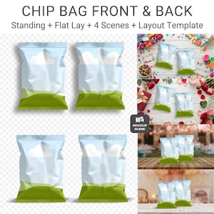 May include: A digital Canva smart mockup template for chip bags, featuring front and back views with a blue sky, white clouds, and green hills design. The layout includes standing and flat lay options across four distinct scenes.