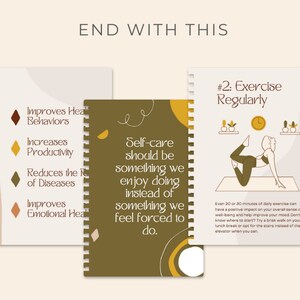 May include: Notebooks with self-care tips. One notebook says "Self-care should be something we enjoy doing instead of something we feel forced to do." Another says "#2: Exercise Regularly."