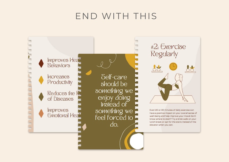 May include: Notebooks with self-care tips. One notebook says "Self-care should be something we enjoy doing instead of something we feel forced to do." Another says "#2: Exercise Regularly."