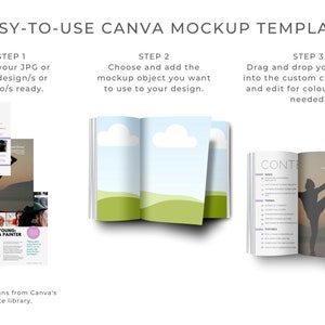 May include: A mockup template for Canva showing three different magazine layouts. The first layout features a contents page with a purple and white color scheme. The second layout features a landscape scene with a blue sky, white clouds, and green hills. The third layout features a silhouette of a person doing yoga with the text "Health and Fitness" on the page.