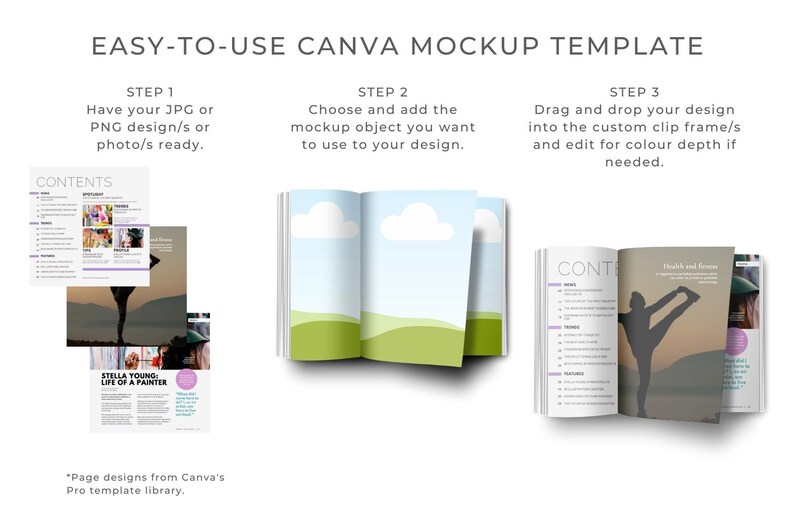 May include: A mockup template for Canva showing three different magazine layouts. The first layout features a contents page with a purple and white color scheme. The second layout features a landscape scene with a blue sky, white clouds, and green hills. The third layout features a silhouette of a person doing yoga with the text "Health and Fitness" on the page.