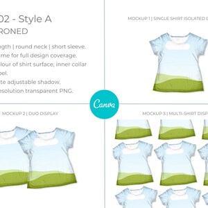 Canva Tshirt 02 Mockup template. Works like Photoshop. Includes 12 mockups. 3 styles and 3 layouts. Features clip frames to drag and drop your designs into. Underlying detail remains visible. Display image showing 3 x Style A mockups - flat, ironed.