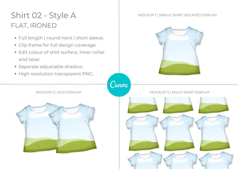 Canva Tshirt 02 Mockup template. Works like Photoshop. Includes 12 mockups. 3 styles and 3 layouts. Features clip frames to drag and drop your designs into. Underlying detail remains visible. Display image showing 3 x Style A mockups - flat, ironed.