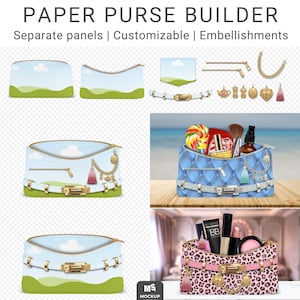 Puede incluir: Maqueta digital de un creador de carteras de papel, con paneles separados, opciones personalizables y adornos. La imagen muestra varios diseños de carteras, incluyendo una cartera acolchada azul con herrajes dorados y una cartera con estampado de leopardo llena de maquillaje.