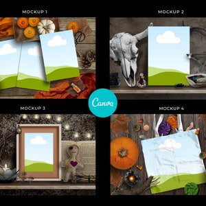 May include: Four mockups of a digital design template featuring a blue sky with a white cloud and a green grassy hill. The mockups are set against different backgrounds, including a wooden table with pumpkins and fall foliage, a wooden table with a skull and a star, a wooden shelf with a broom, a candle, and a book, and a wooden table with pumpkins, candy, and a skull.