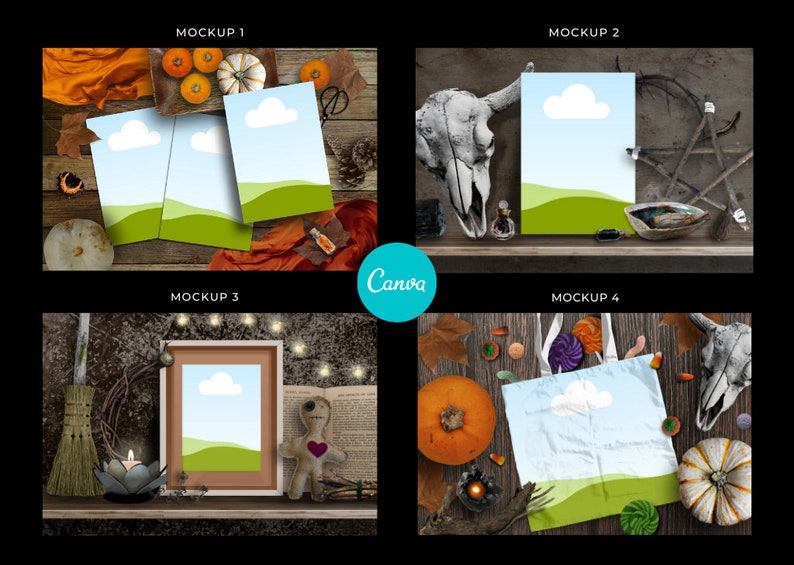 May include: Four mockups of a digital design template featuring a blue sky with a white cloud and a green grassy hill. The mockups are set against different backgrounds, including a wooden table with pumpkins and fall foliage, a wooden table with a skull and a star, a wooden shelf with a broom, a candle, and a book, and a wooden table with pumpkins, candy, and a skull.