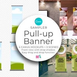 May include: Four pull-up banner mockups with different designs. The banners are displayed in three different settings: a white background, a brick wall, and a greenhouse. The banners feature text such as "Makeup Market", "New Pasta Menu", and "Find Your Beauty's Hall".