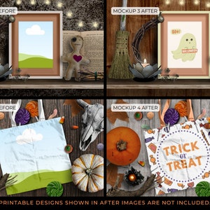 May include: A mockup of two Halloween-themed designs. The first design is a framed print with a ghost and the text "Boo! Halloween". The second design is a tote bag with a white background and the text "Trick or Treat" in a circle surrounded by candy.
