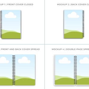 May include: Four notebook mockups. The first shows the front cover closed, the second the back cover closed. The third shows the front and back cover spread, and the fourth shows a double-page spread open. Each cover features a sky and landscape design.