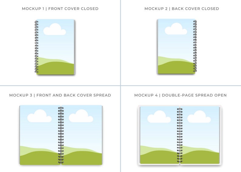 May include: Four notebook mockups. The first shows the front cover closed, the second the back cover closed. The third shows the front and back cover spread, and the fourth shows a double-page spread open. Each cover features a sky and landscape design.