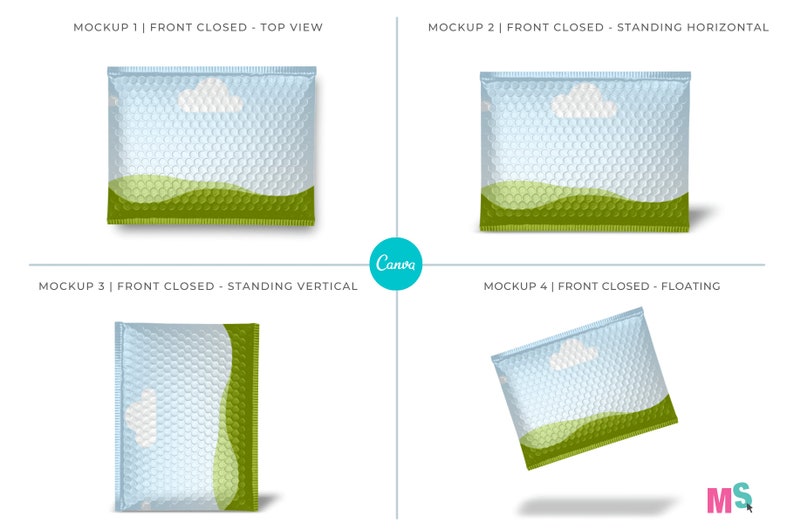 May include: Four mockups of a white and green bubble mailer with a cloud and a green hill design. The mockups show the mailer from different angles: top view, standing horizontal, standing vertical, and floating.