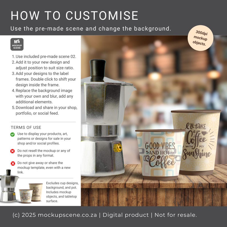 K&ouml;nnte beinhalten: Eine digitale Produkt-Mockup-Szene mit einer silbernen Espressokanne und zwei Kaffeetassen mit den Aufschriften "Good Vibes and Hot Coffee" und "I'll take Coffee with my Sunshine". Das Bild enth&auml;lt Anweisungen zur Anpassung der Szene.