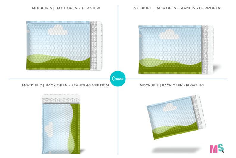 May include: Four mockups of a white and blue bubble mailer with a green and white landscape design. The mailer is shown in different positions: top view, standing horizontal, standing vertical, and floating.