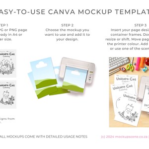 May include: A mockup template for Canva demonstrating how to use a printer to create printable colouring pages. The template features a printer, a stack of papers with a unicorn and cat colouring page design, and a desk with school supplies.