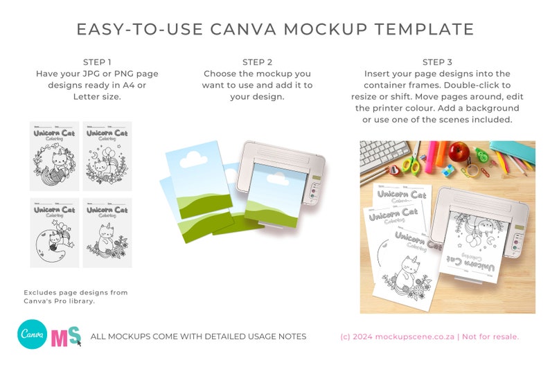 May include: A mockup template for Canva demonstrating how to use a printer to create printable colouring pages. The template features a printer, a stack of papers with a unicorn and cat colouring page design, and a desk with school supplies.