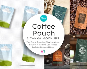 Kaffeebeutel Mockup für Canva zum Verpacken von Etikettendesigns und Oberflächenmustern Anpassbare hochwertige Doy Bag Top Vorderseite Vorgefertigte Szenen