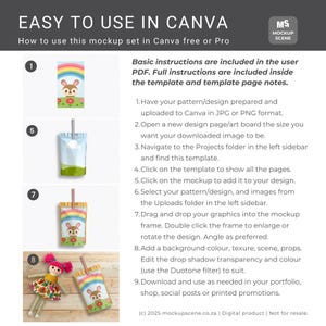 Puede incluir: Instrucciones para un conjunto de maquetas de Canva. La imagen muestra una gu&iacute;a paso a paso con ejemplos numerados. Las instrucciones detallan c&oacute;mo agregar su dise&ntilde;o y descargar la imagen para usar en su portafolio o tienda. Texto: 'F&aacute;cil de usar en Canva'.