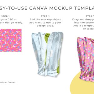May include: A mockup template for Canva showing how to add a pattern design to a folded fabric object. The steps are outlined in text boxes. The pattern is a pink background with colorful leaves.