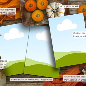 May include: Three mockups of a green grassy hill with a blue sky and white clouds. The mockups are on a wooden surface with fall-themed props, including pumpkins, leaves, and a fabric scarf. The text "Custom clip frames to insert your designs." is on the mockup in the center.