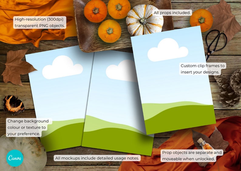 May include: Three mockups of a green grassy hill with a blue sky and white clouds. The mockups are on a wooden surface with fall-themed props, including pumpkins, leaves, and a fabric scarf. The text "Custom clip frames to insert your designs." is on the mockup in the center.