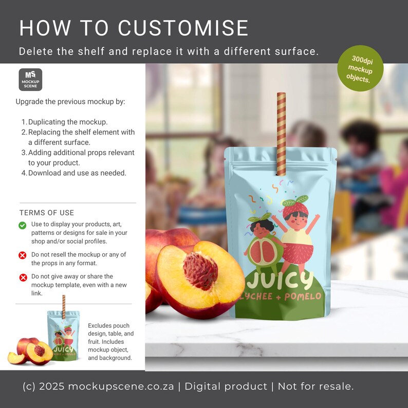 Puede incluir: Una bolsa de jugo azul claro con una pajita, con una ilustraci&oacute;n de dibujos animados de dos ni&ntilde;os y el texto "JUICY LYCHEE + POMELO". Melocotones en rodajas est&aacute;n frente a la bolsa. La imagen incluye texto sobre personalizaci&oacute;n.
