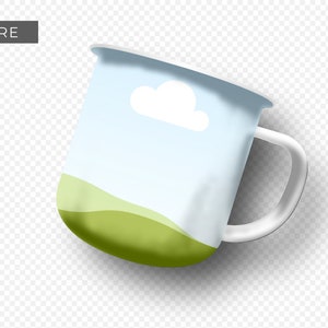 Enamel Coffee Mug Mockup - Canva Template featuring custom clip frames, fully editable drag-and-drop objects. Works like Photoshop! Display image shows single mug mockup top view before a design is added to the clip frame.