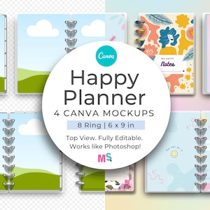 Organizador Planejador Canva Modelo de Mockup 6 x 9 polegadas 8 Argolas Disco Encadernado Caderno Digital Diário Frente e Verso Capa Aberta e Páginas com Abas