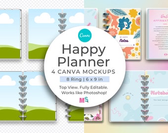 Organisationsplaner Canva Mockup Template 6 x 9 inch 8 Ring Disc Gebunden Digitales Notizbuch Journal Vorder und Rückseite offenes Cover und Seiten mit Tabs