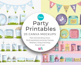 Party Printables Canva Mockup Set Bundle Favor Editable Chip Packet Bag Juice Pouch Water Bottle Gable Box Paper Plate Cup Candy Wrapper hat