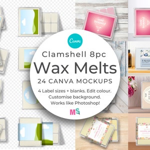 Puede incluir: Una colección de maquetas de clamshells de cera con varios diseños de etiquetas. La imagen muestra diferentes tamaños de etiquetas y plantillas en blanco, con opciones para editar colores y personalizar el fondo. El texto dice "Clamshell 8pc Wax Melts 24 Canva Mockups."