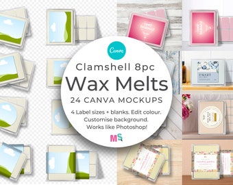 Wax Melts Mockup for Canva Label Soy Wax Tarts 8pc Clam Shell Snap Bars Square Round Belly Wrap Candle Packaging Front Back Top Etsy Listing