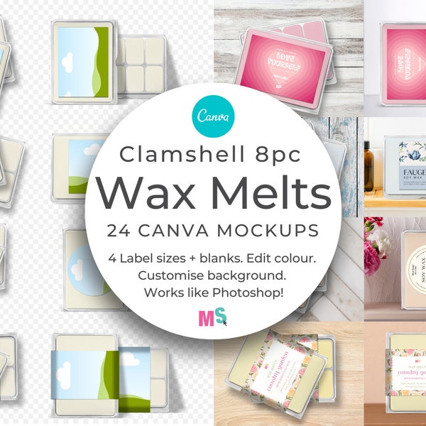 Wax Melts Mockup for Canva Label Soy Wax Tarts 8pc Clam Shell Snap Bars Square Round Belly Wrap Candle Packaging Front Back Top Etsy Listing