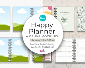 Klassieke planner slimme mockup canvas sjabloon 7 x 9 schijf gebonden gelamineerd notebook dagboek HP digitaal 8 ringen omslag open pagina's bewerkbaar aanpasbaar