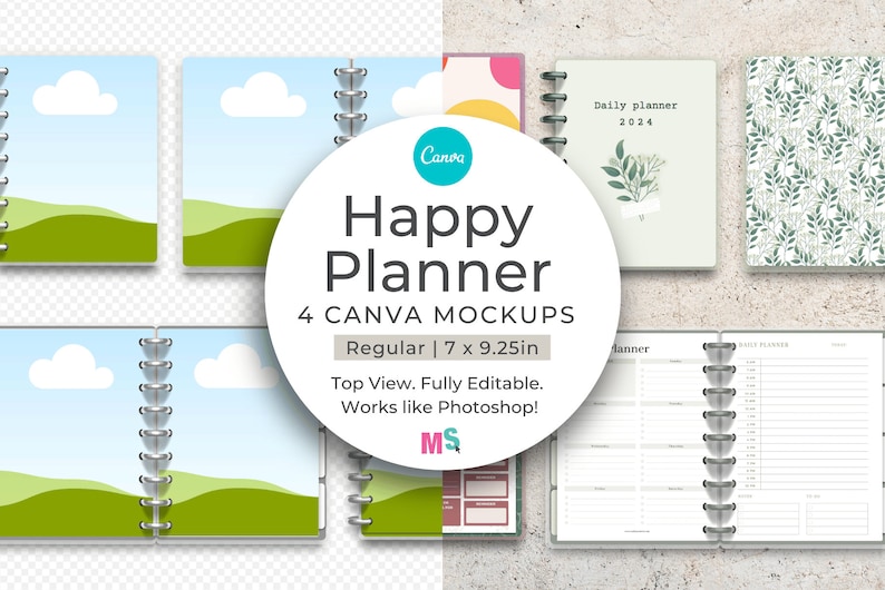 Planner Mockup for Canva, 7 x 9.25 inches, Classic 9 ring, discbound. Fully editable discs, tabs, pages and drop shadows. Images shows planner before and after adding designs. Ideal for bullet, lined, dot grid page designs, covers and open pages.