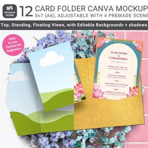 Puede incluir: Maquetas Canva de 12 carpetas de tarjetas, tamaño 5x7 (A6), ajustables con 4 escenas prefabricadas. Vistas superior, de pie y flotantes con fondos y sombras editables. Texto: "Fácil de usar. Perfecto para principiantes."