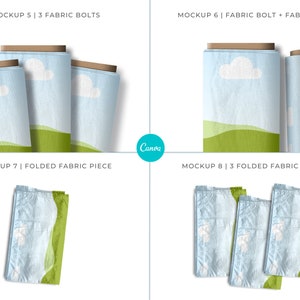 May include: Mockup of fabric bolts, rolls, and folded pieces. The fabric has a light blue background with a white cloud and green grass design. The text "MOCKUP 5 | 3 FABRIC BOLTS", "MOCKUP 6 | FABRIC BOLT + FABRIC ROLL", "MOCKUP 7 | FOLDED FABRIC PIECE", and "MOCKUP 8 | 3 FOLDED FABRIC PIECES" is visible in the image.