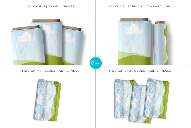 May include: Mockup of fabric bolts, rolls, and folded pieces. The fabric has a light blue background with a white cloud and green grass design. The text "MOCKUP 5 | 3 FABRIC BOLTS", "MOCKUP 6 | FABRIC BOLT + FABRIC ROLL", "MOCKUP 7 | FOLDED FABRIC PIECE", and "MOCKUP 8 | 3 FOLDED FABRIC PIECES" is visible in the image.