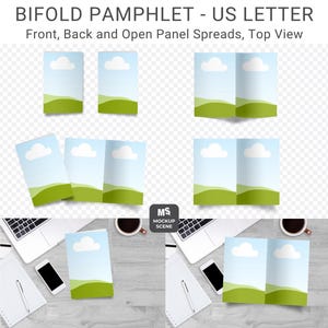 Puede incluir: Una maqueta de un folleto plegable en tamaño US Letter, con vistas frontal, posterior y de panel abierto. El diseño presenta un cielo azul con una nube blanca y colinas verdes. La escena incluye ordenadores portátiles, tazas de café y un bloc de notas.