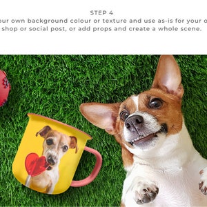 Enamel Coffee Mug Mockup - Canva Template featuring custom clip frames, fully editable drag-and-drop objects. Works like Photoshop! Display image shows mockup usage instructions step 4.