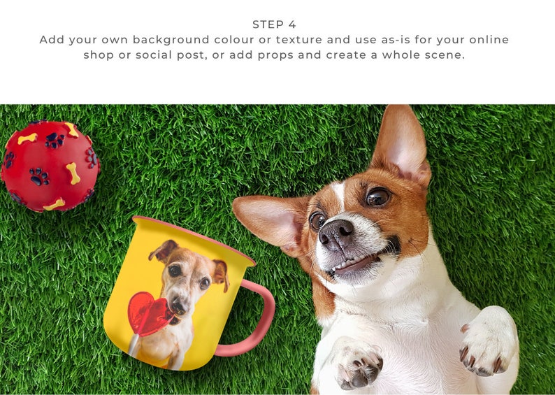 Enamel Coffee Mug Mockup - Canva Template featuring custom clip frames, fully editable drag-and-drop objects. Works like Photoshop! Display image shows mockup usage instructions step 4.