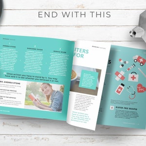 May include: An open magazine with a turquoise background featuring articles about writers and gluten-free recipes. The magazine is on a white wooden surface with a cup of coffee, a plate of fruit, a potted succulent, and a silver coffee pot.