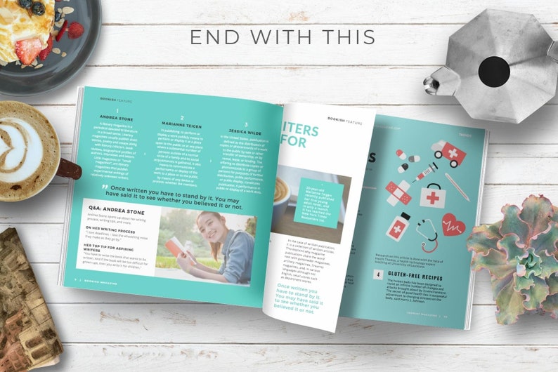 May include: An open magazine with a turquoise background featuring articles about writers and gluten-free recipes. The magazine is on a white wooden surface with a cup of coffee, a plate of fruit, a potted succulent, and a silver coffee pot.