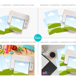 May include: Four mockups of a white printer with paper sheets featuring a simple landscape design. The mockups show the printer with different backgrounds, including a desk with school supplies, a desk with a keyboard and coffee cup, and a plain white background.