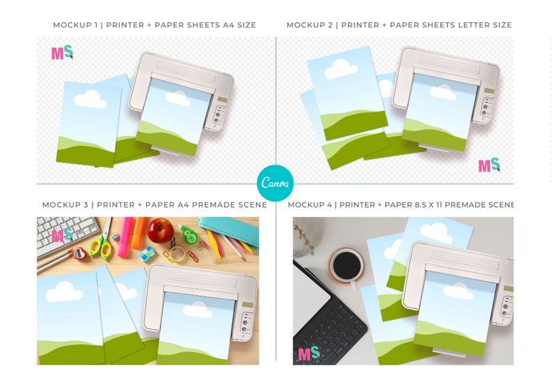 May include: Four mockups of a white printer with paper sheets featuring a simple landscape design. The mockups show the printer with different backgrounds, including a desk with school supplies, a desk with a keyboard and coffee cup, and a plain white background.
