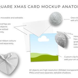 May include: A mockup of a square Christmas card with a white envelope, a blue card with a white cloud, a green landscape, a hanging cone ornament, a gift box in the shape of a heart, and a silver bauble. The text "SQUARE XMAS CARD MOCKUP ANATOMY" is at the top of the image. Everything is moveable and editable.